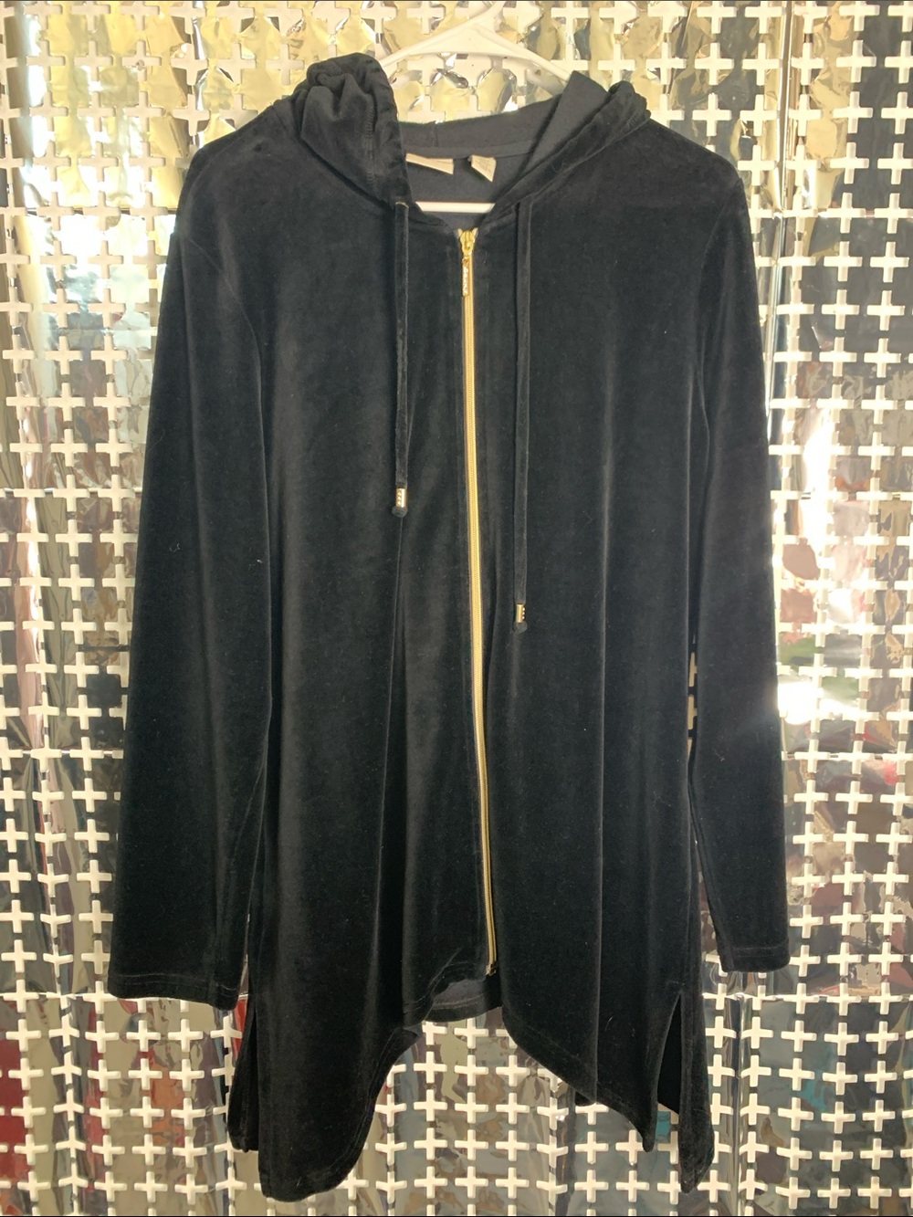 Zenergy by Chico’s Black Velour Hooded Zip-Front Jacket with Gold Zipper